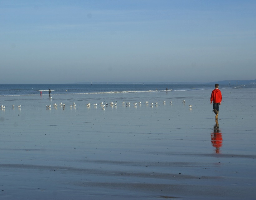 Walking along a desertet Normandy beach