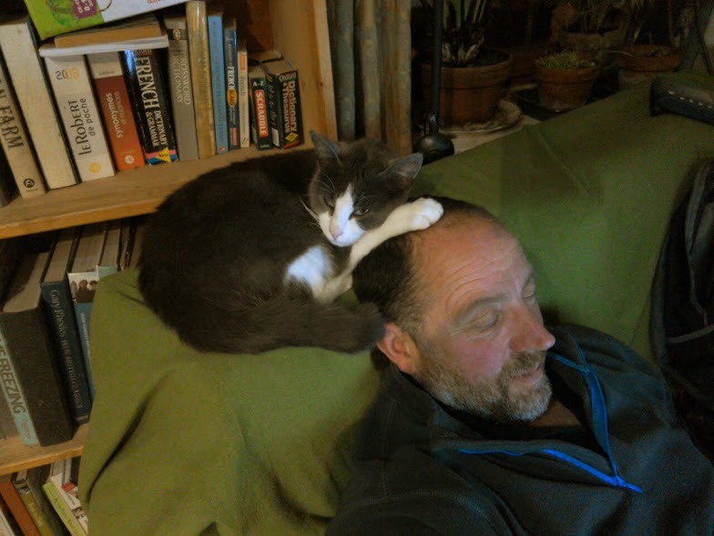 Moo sitting on Simon's head