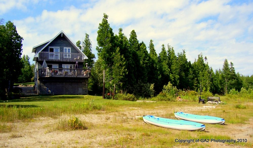 View of the cottage tucked back into the trees and a large flat lawn at the front of the cottage.
