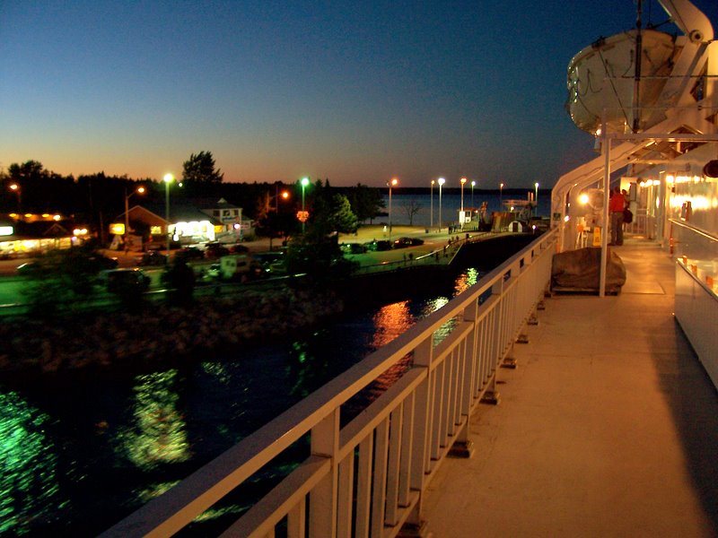 The view of Tobermory in the evening from the deck of the Chi Cheemaun as it sails into Tobermory after the sunset cruise.