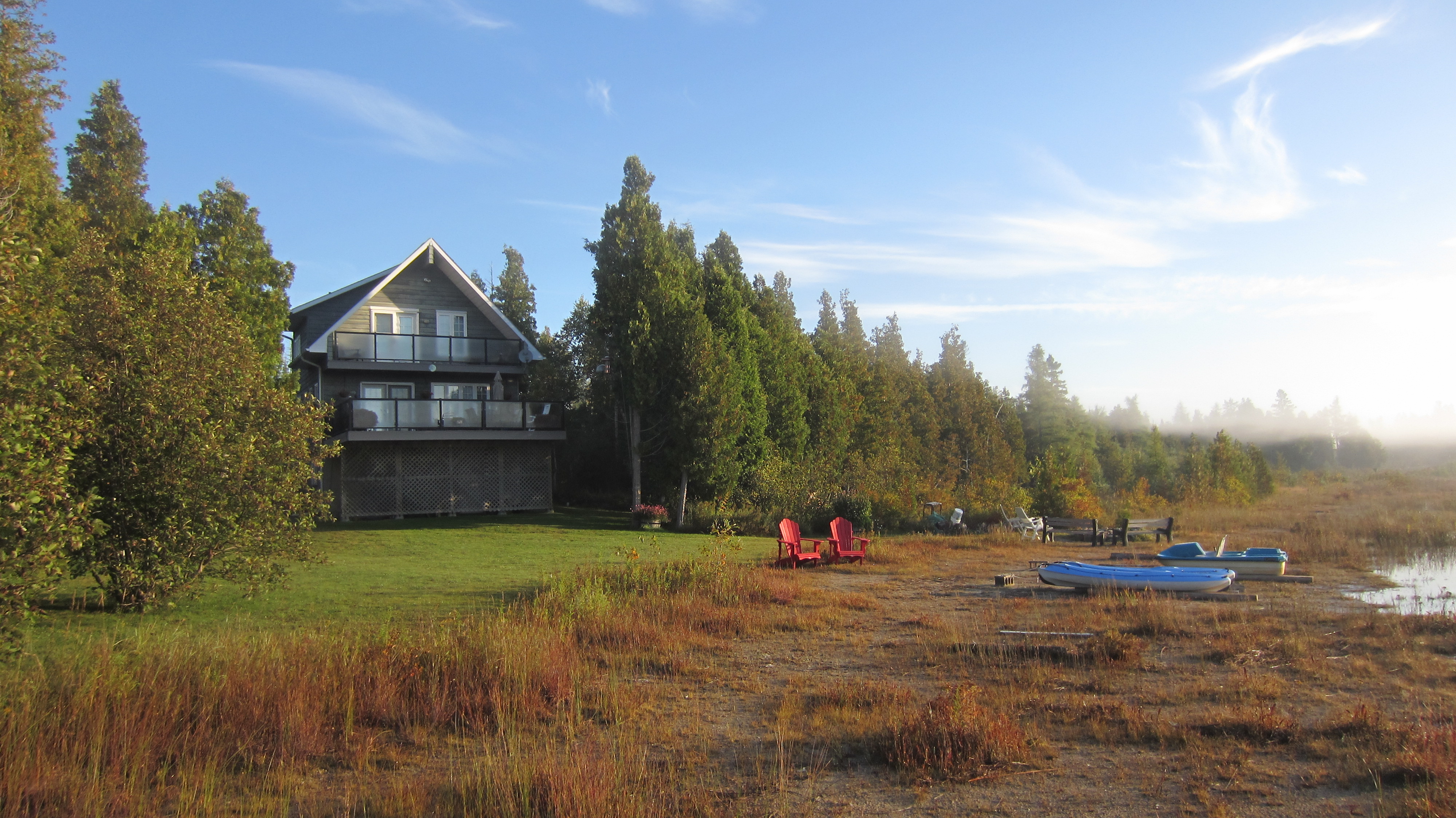 The view of the Willow Bank on a misty morning showing it
