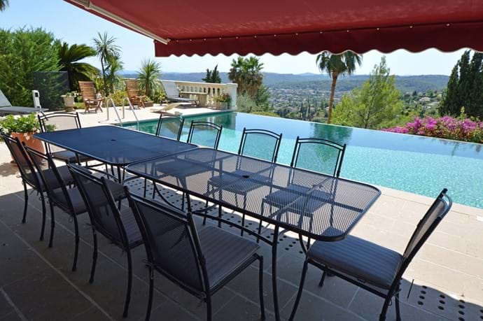 August 2017 - New tables and chairs (configuration for 6 or 10 seats) in poolside dining area, featuring water resistant comfortable cushions.  Remote controlled electrical awnings offer sun or shade.
