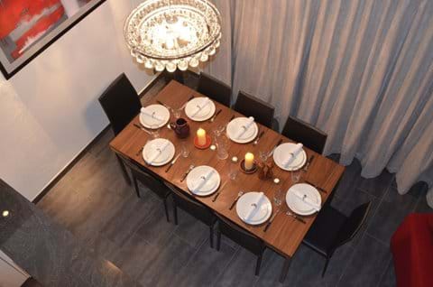View of dining table from mezzanine