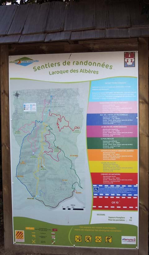 Well marked walking paths from Laroque - Map at a path junction