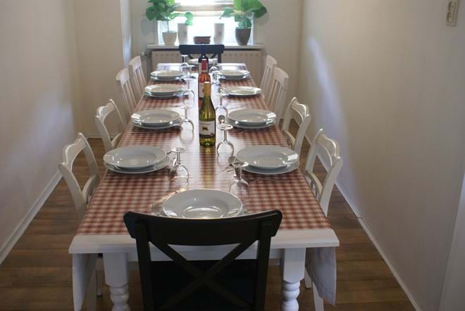Large extendable dining tables with a choice of 10 chairs or 3 benches....