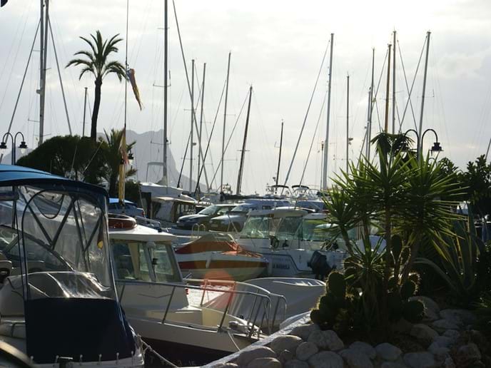 The boats at Moraira marina, where boat hire and watersports are available