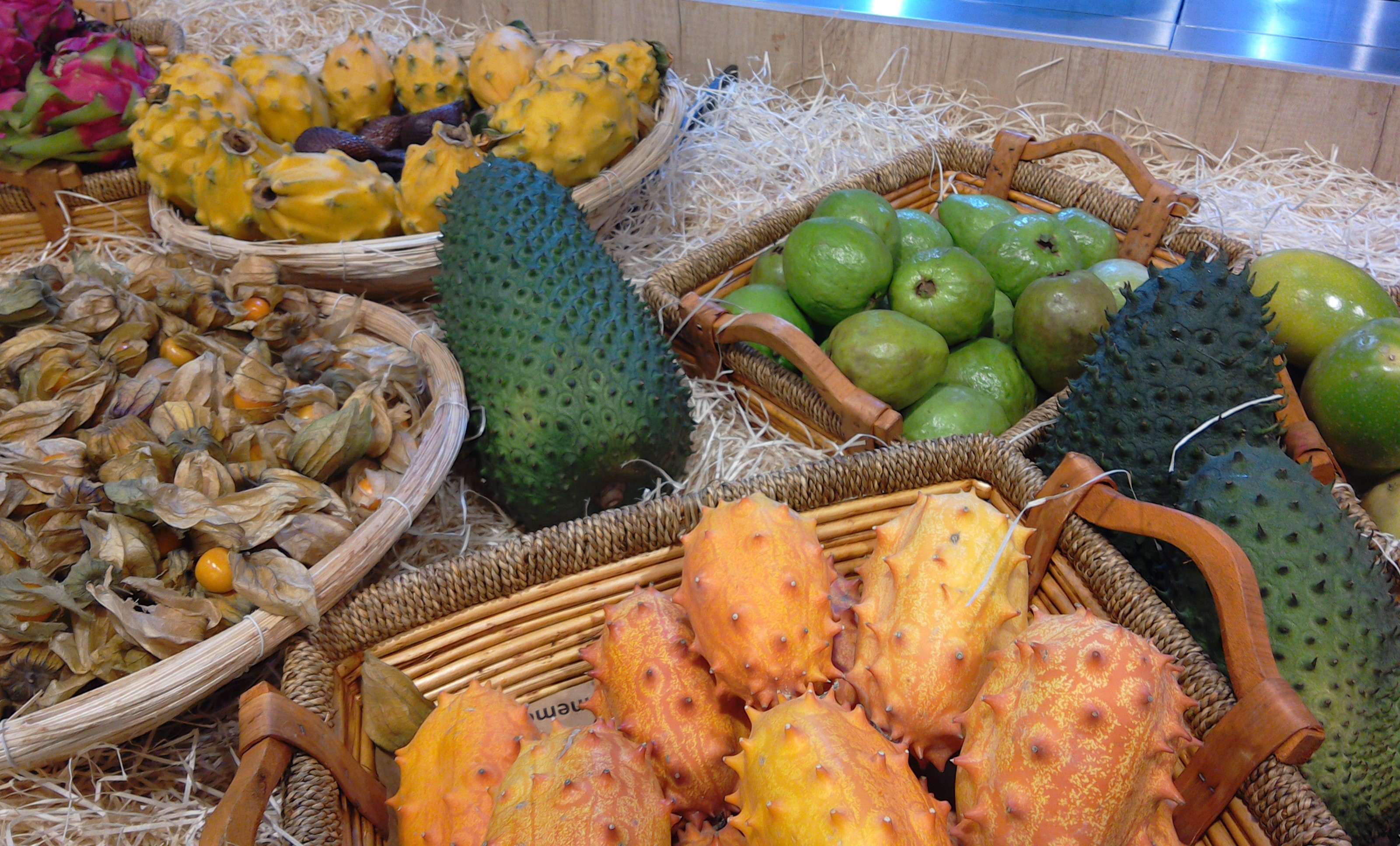 Exotic fruits for sale at Grand Frais, Caen, Normandy
