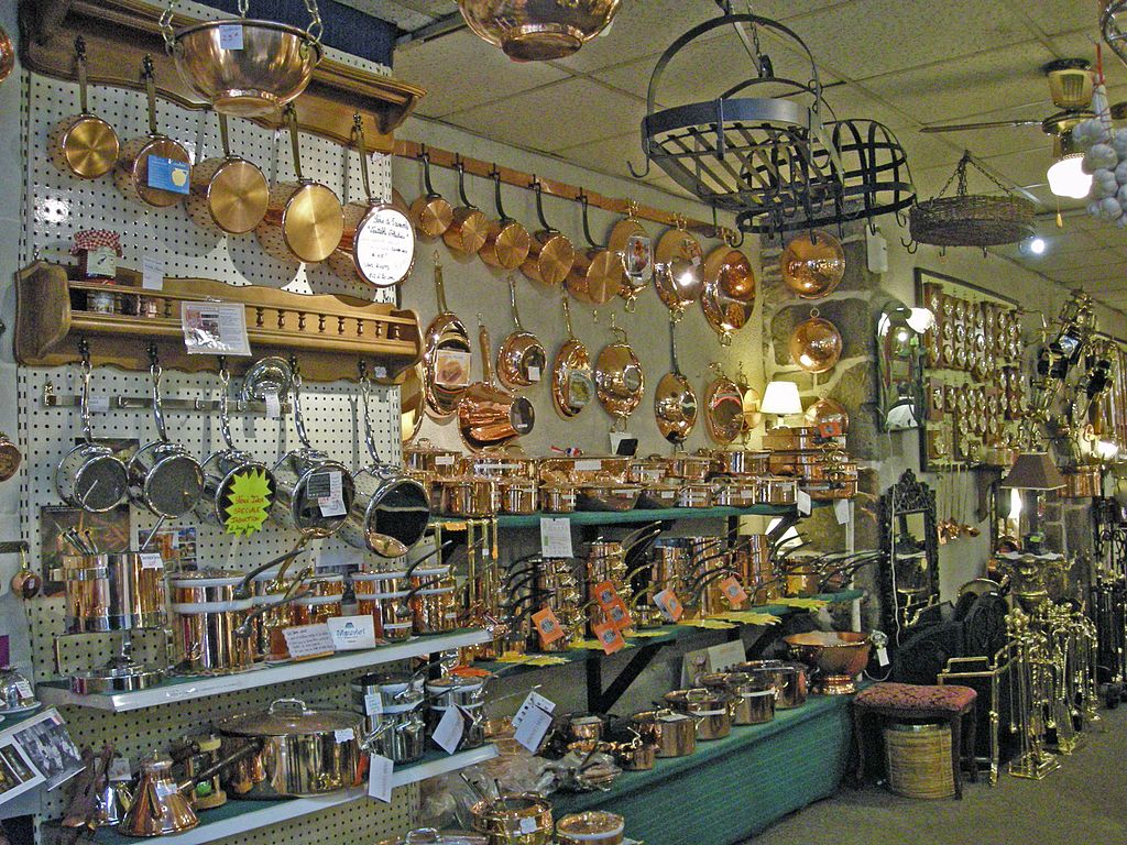 Copperware in a shop in Villedieu les Poeles, Normandy