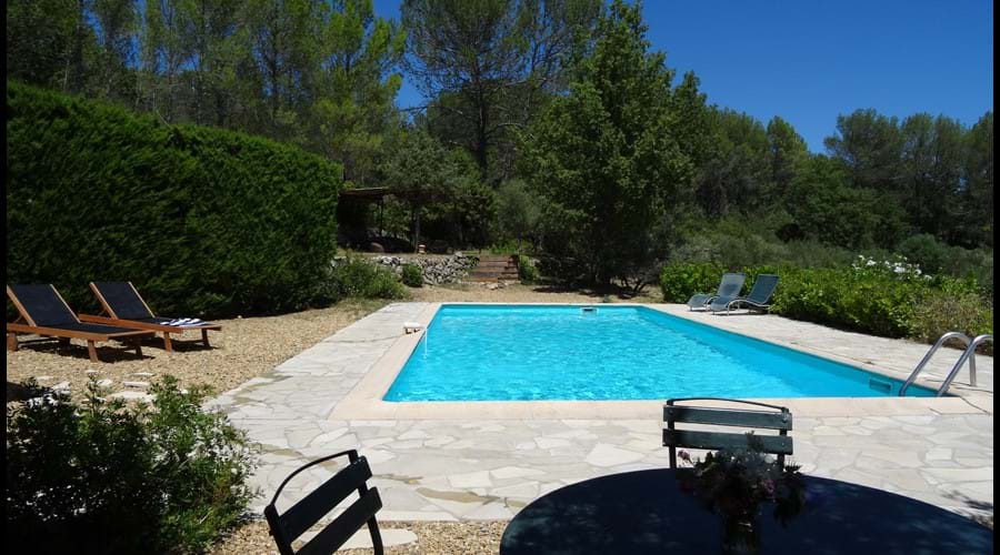 Looking across the pool to the shaded terrace