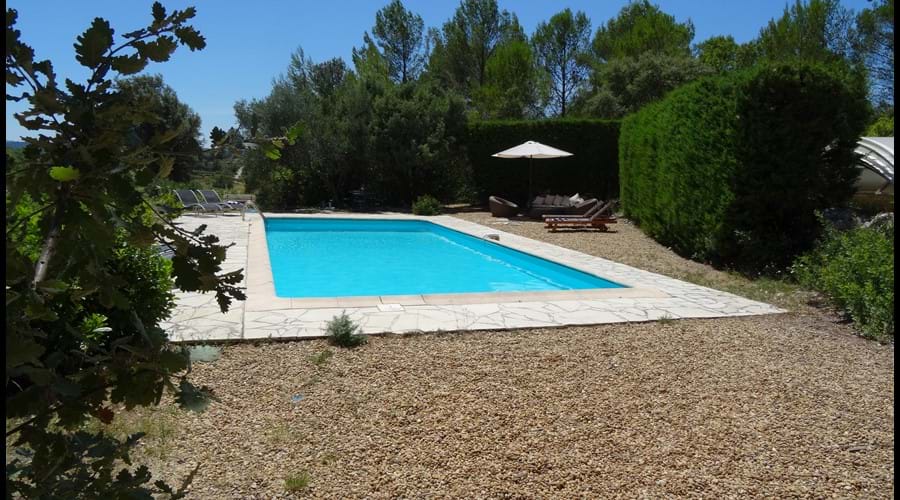 The swimming pool from the shaded terrace