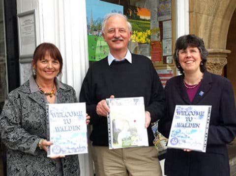L to R: Michelle Preston (Tourist Information Centre), John Ready (Saffron Walden Initiative) and Judith Thompson (TIC), launching the Welcome Packs, April 2015.