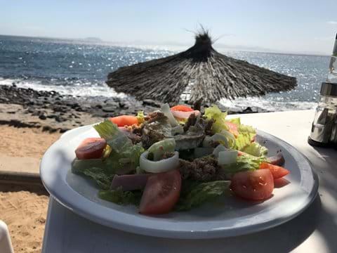Lunch - Ensalada Chiringo at the local beach bar with views to Fuerteventura 