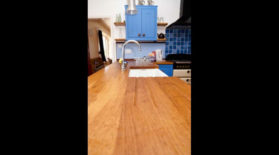 Blue kitchen at Three Gables
