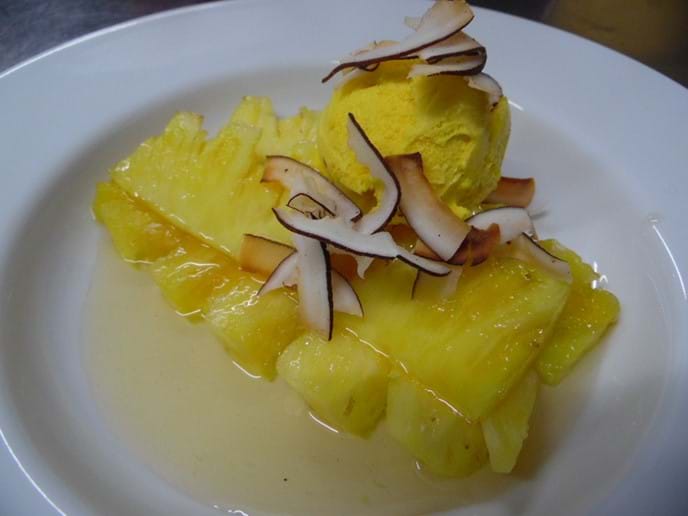 Caramelised Rum Pineapple with Passion Fruit Sorbet.