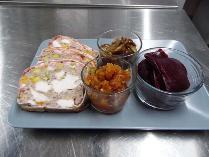 Homemade Chicken and Pork Terrine with Apricots and Pistachios.