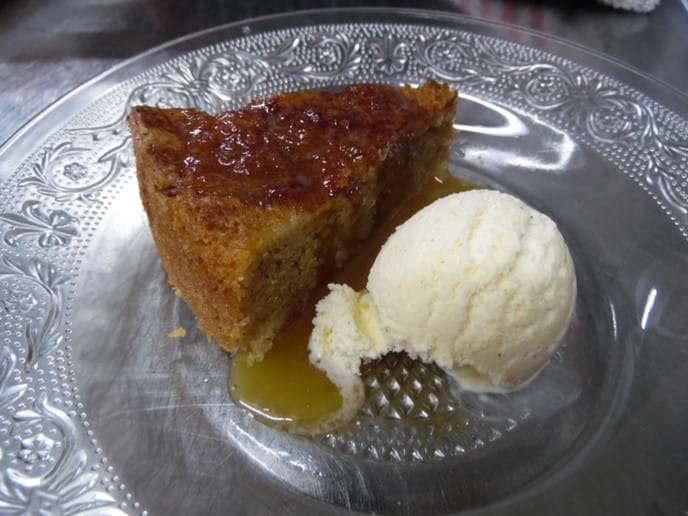 Homemade Spiced Apple Cake with Butterscotch Sauce and Ice Cream.