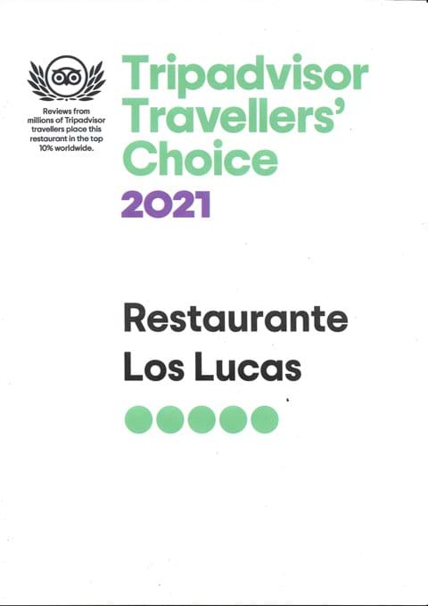 So for the 4th year running Restaurante Los Lucas has received this Awards from TripAdvisor.