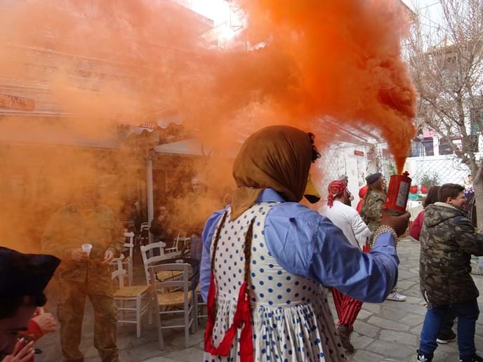 Feb 2018 - Carnival in Glossa is a raucous affair; plenty of fancy dress, a decorated fishing boat carried up to Central Square, orange smoke distress flares, air horns, firecrackers, souvlakis, wine and of course traditional dancing.