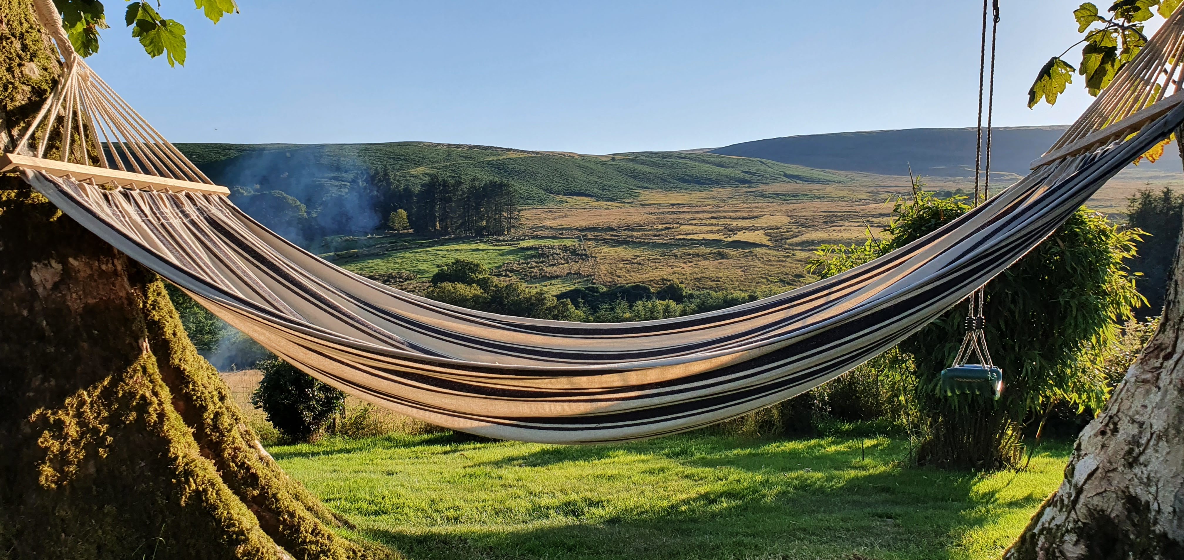 Relax in the hammock and watch the sheep and horses in the field