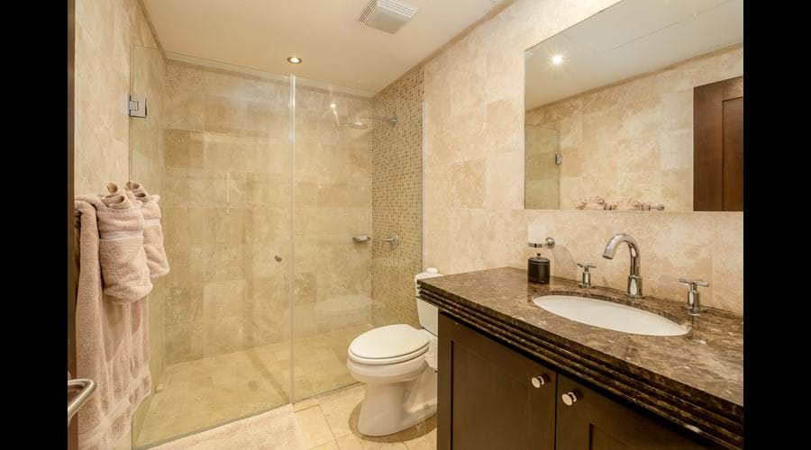 Family bathroom with walk in shower single vanity