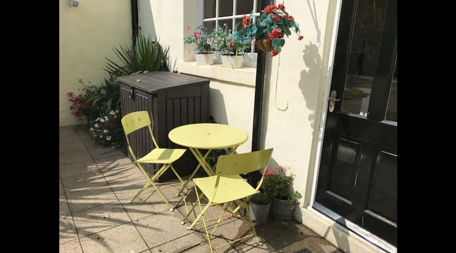 Lower Part of Patio Garden with Bistro Table and Chairs - perfect for morning coffee!