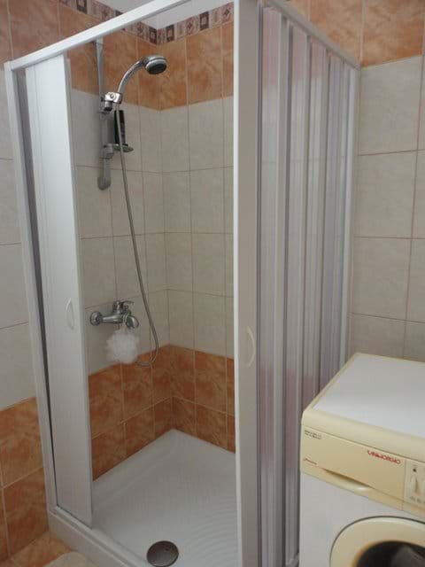 Shower cubicle  and washing machine in the family bathroom