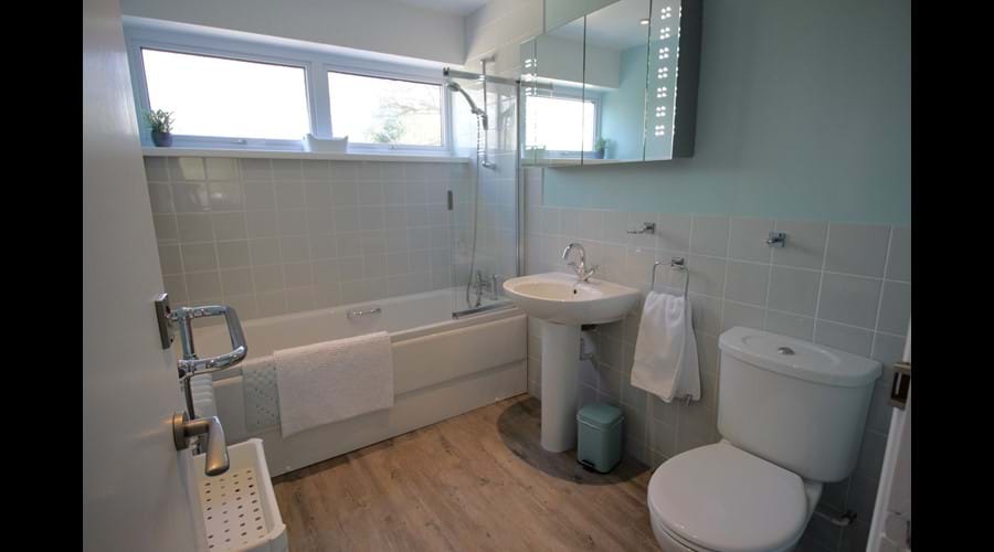 Main Bathroom with shower over bath.