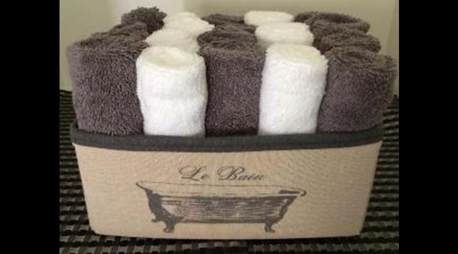 Bath towels and facecloths are provided
