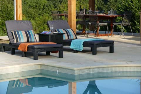 Around the pool there are plenty of chaises longues and easy seating in the poolhouse