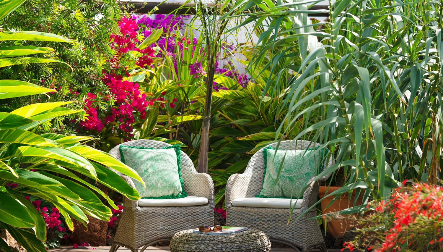 Outdoor seating amongst the tropical plants at Finca Botanico in Lanzarote