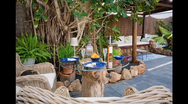 Upcycled tree trunk table for outdoor dining