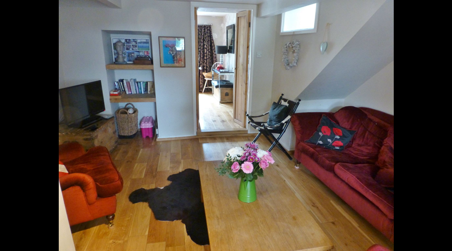 Living room, there are books and DVD