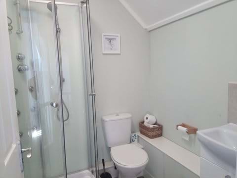 The upstairs shower cabin has monsoon head and body jets
