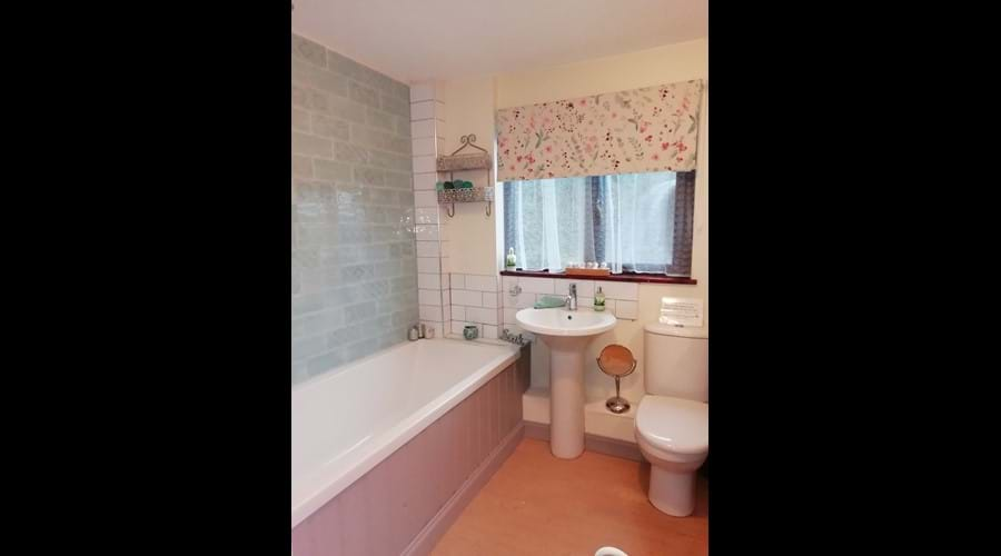 Main Bathroom with shower over the bath.  There