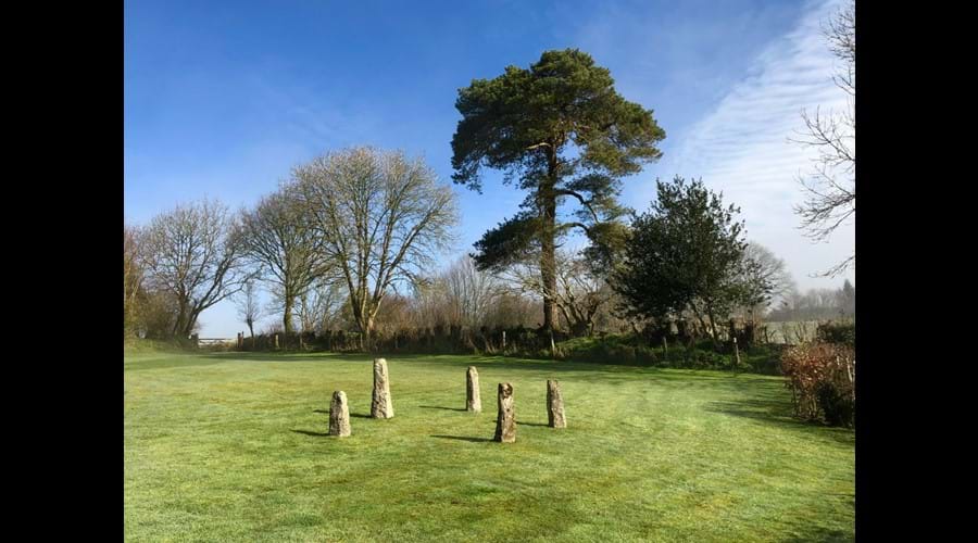 The stone circle, and view of the garden, looking towards our top gate.