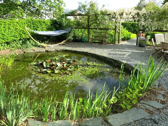 Enclosed garden with fishpond and hammock (lovely spot for a snooze or some outdoor dining)