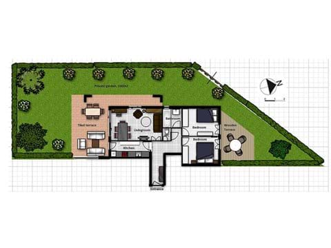 Floorplan of the apartment and surrounding garden