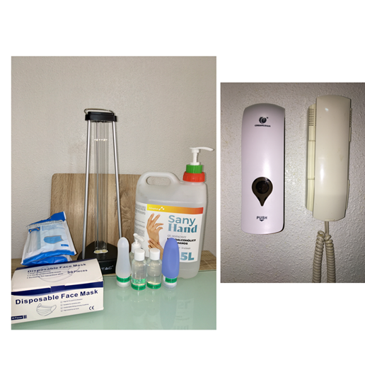 UV sterilisation lamp, sanitising gel and face masks