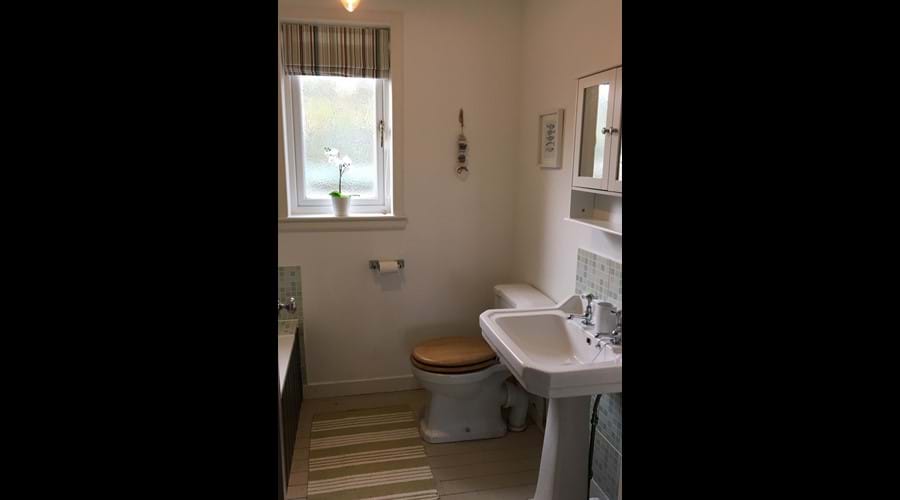 Modern bathroom with electric shower over bath