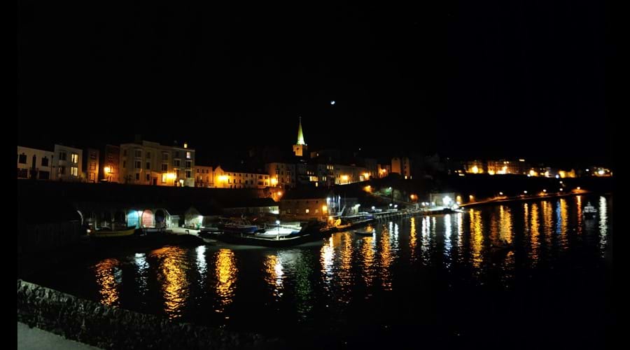 View over harbour at night