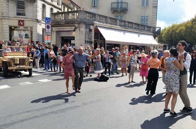 Dancing in the street at the Vintage days event in Perigueux