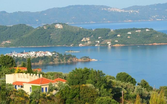 From Orchard Villa across Skiathos Village and port to Punta Point and Glossa Village on Skopelos