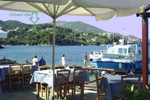 From Kanapitsa across Sklithri and Achladies beaches, up to Orchard Villa (Skiathos village far r.)
