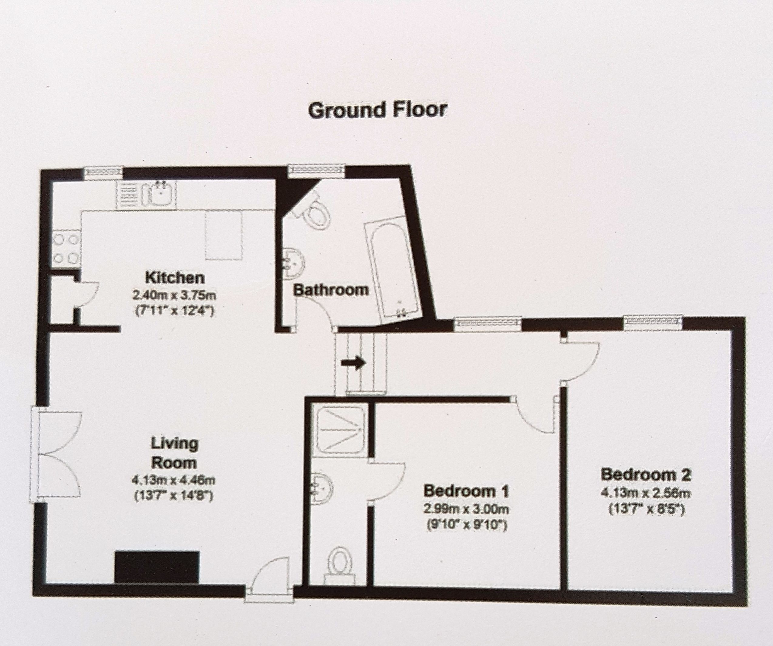 The Kitchen, Dining Area and Living room are in one open plan space with vaulted ceiling. The bathroom is also off this area. A flight of 5 stairs leads to the 2 bedrooms.
