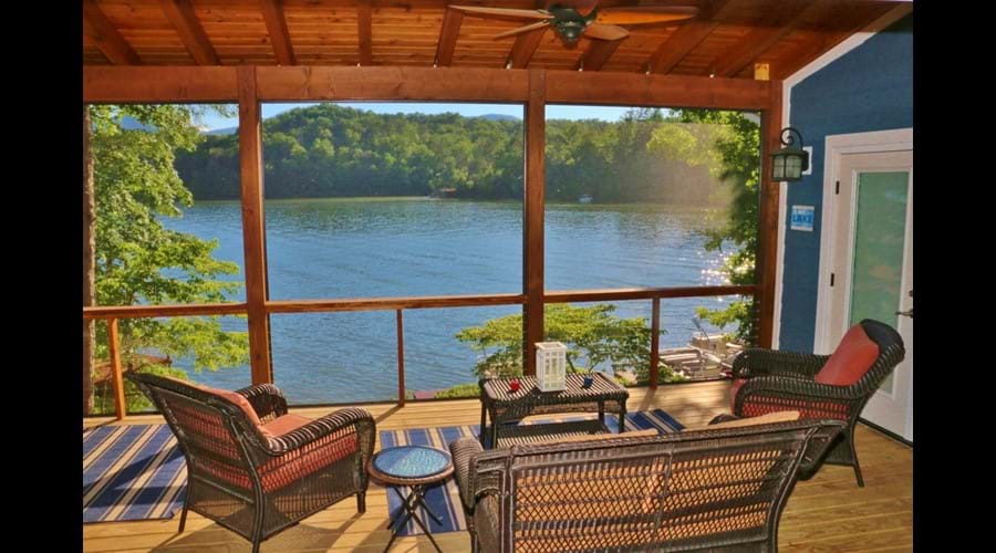 View of Lake Lure from the screen porch at Bella Sophia