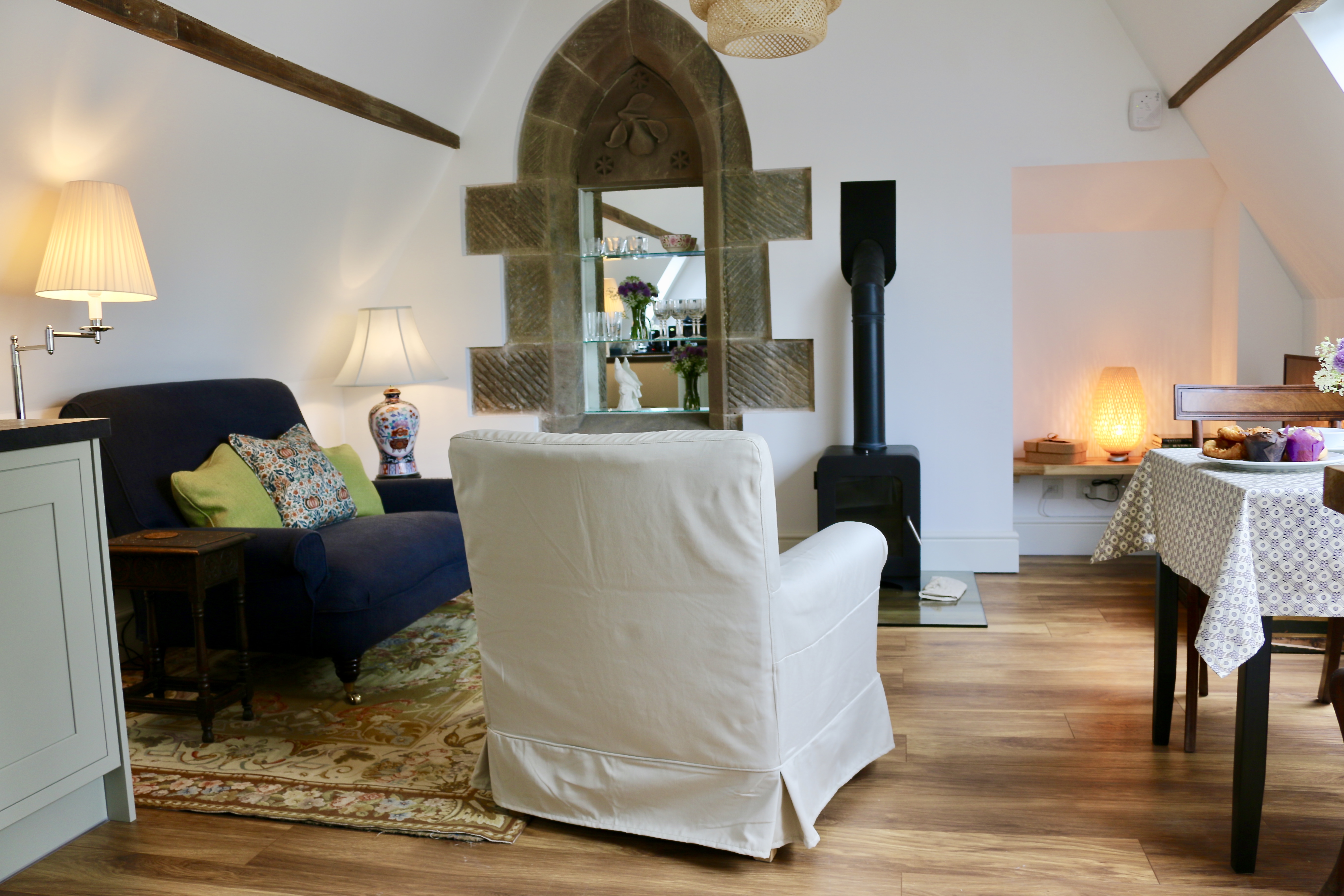 Brilliantly light, open-plan living-kitchen with log-burner