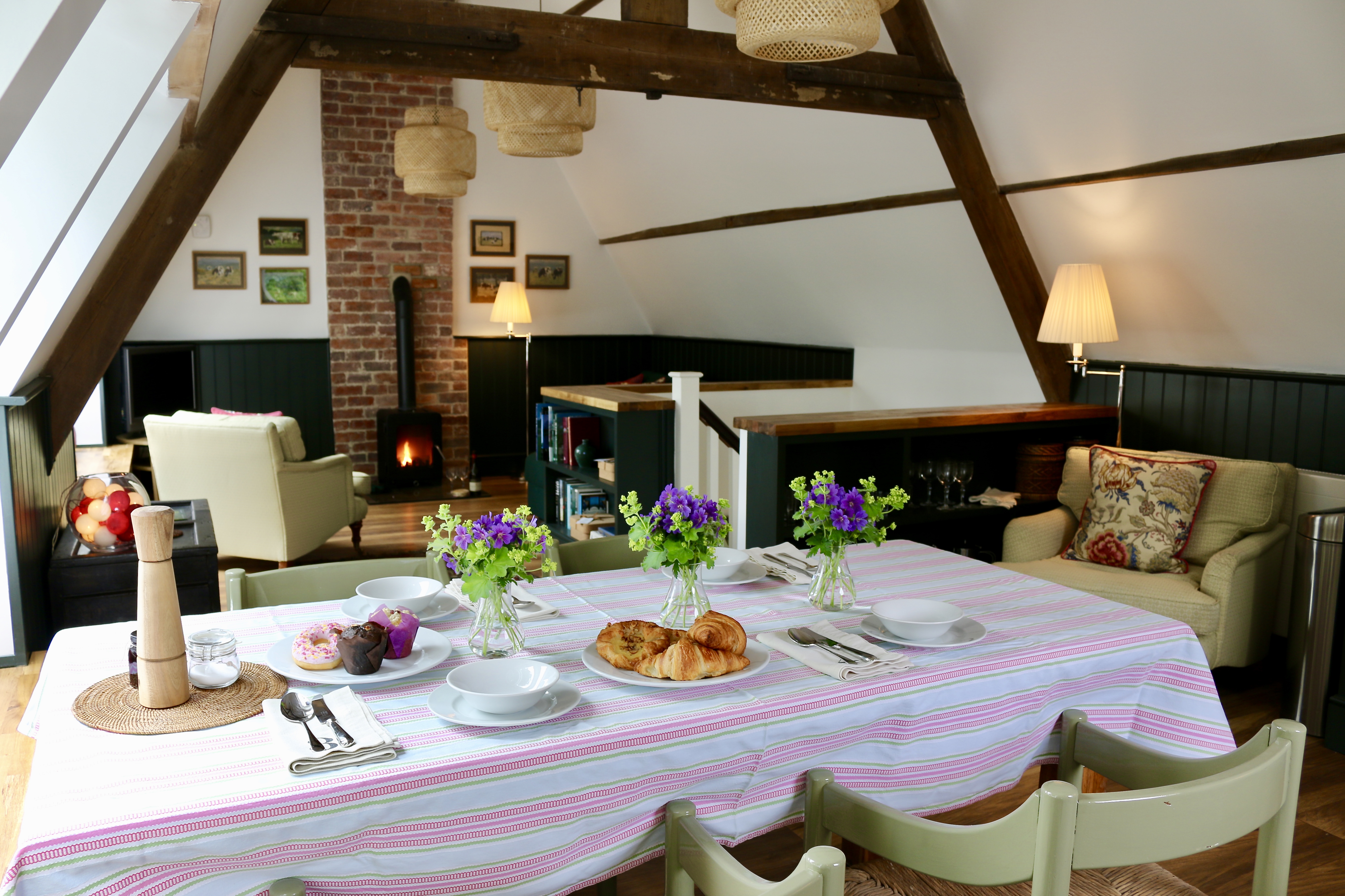 The light, open living/kitchen/dining room