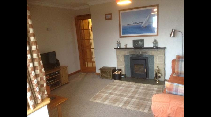 living room with wood burning stove