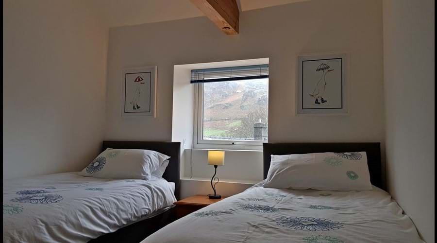 Bedroom 2 with twin beds with rear view