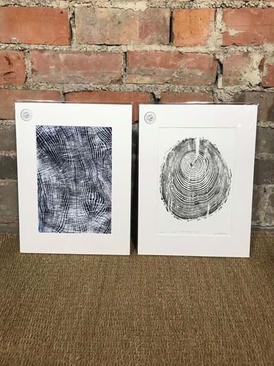Tree print duo - original hand made tree prints. Elm and larch from the Isle of Man. 30 x 40cm £25 each